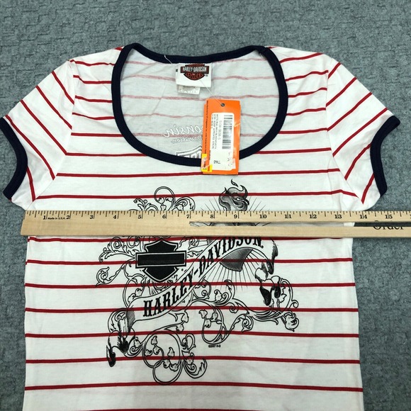 Harley Davidson Shirt Womens Small Red White Blue Oconomowoc WI Motorcycle Biker - Picture 7 of 10